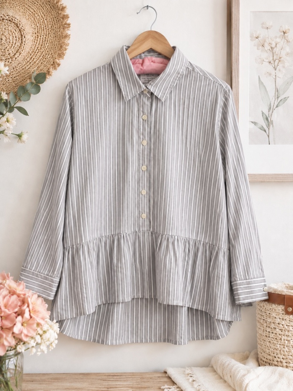 Trovata Birds of Paradis XS Striped Peplum Button Down Shirt 100% Cotton